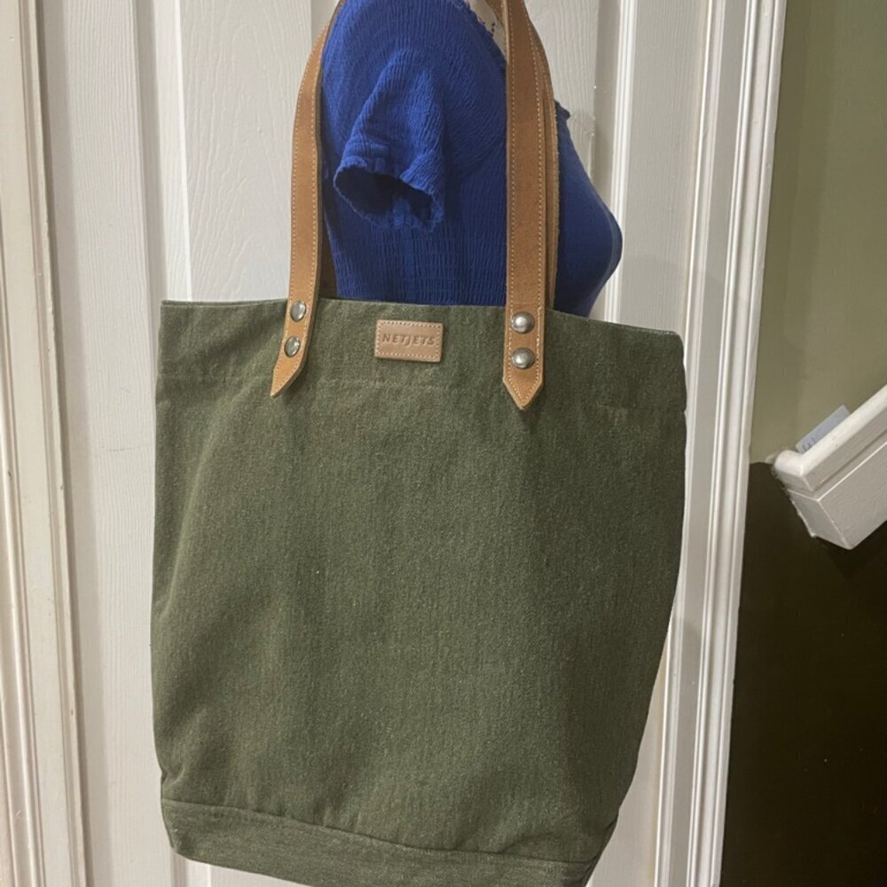 MILITARY GREEN CANVAS LEATHER TOTE BAG NETJETS BRAND - Picture 16 of 16